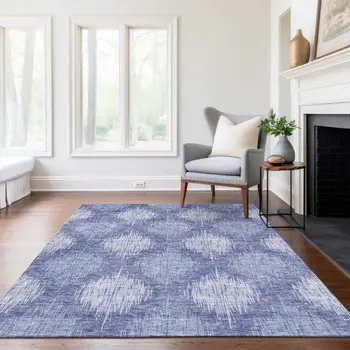 8' X 10' Denim Blue And Sky Blue Ikat Washable Indoor Outdoor Area Rug