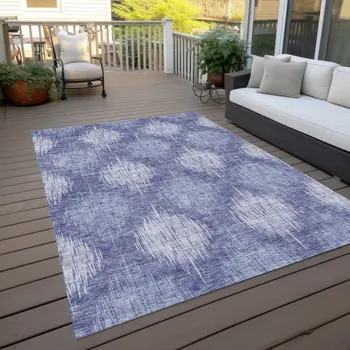 9' X 12' Denim Blue And Sky Blue Ikat Washable Indoor Outdoor Area Rug