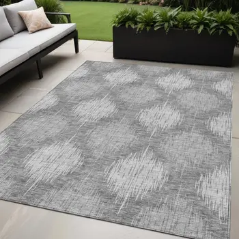 5' X 8' Gray Silver And Charcoal Ikat Washable Indoor Outdoor Area Rug