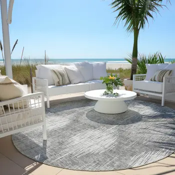 8' Gray Silver And Charcoal Round Ikat Washable Indoor Outdoor Area Rug