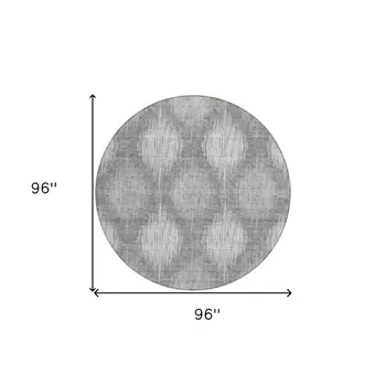 8' Gray Silver And Charcoal Round Ikat Washable Indoor Outdoor Area Rug