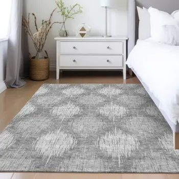 9' X 12' Gray Silver And Charcoal Ikat Washable Indoor Outdoor Area Rug