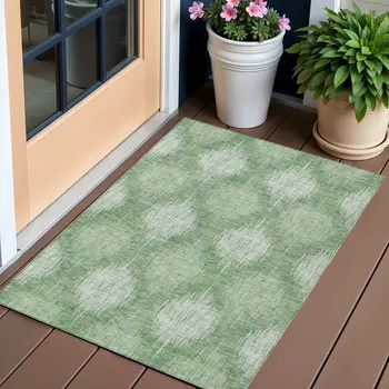 3' X 5' Mint Green And Fern Green Ikat Washable Indoor Outdoor Area Rug