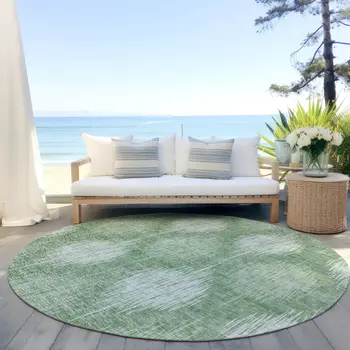 8' Mint Green And Fern Green Round Ikat Washable Indoor Outdoor Area Rug