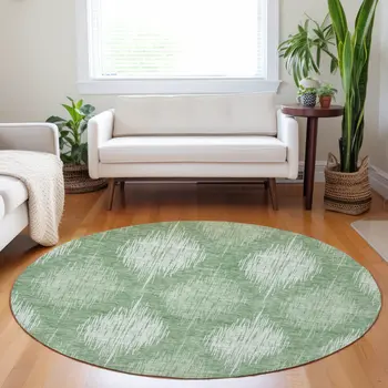 8' Mint Green And Fern Green Round Ikat Washable Indoor Outdoor Area Rug