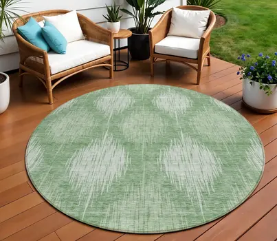 8' Mint Green And Fern Green Round Ikat Washable Indoor Outdoor Area Rug
