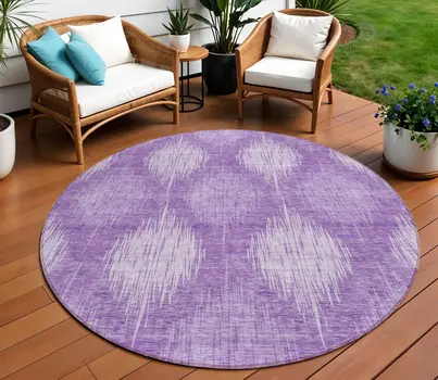 8' Plum Purple And Lavender Round Ikat Washable Indoor Outdoor Area Rug