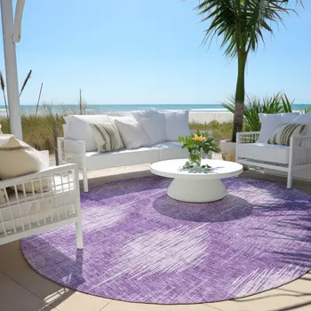 8' Plum Purple And Lavender Round Ikat Washable Indoor Outdoor Area Rug