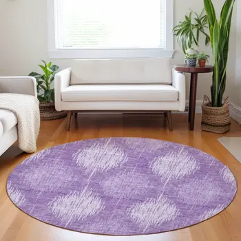 8' Plum Purple And Lavender Round Ikat Washable Indoor Outdoor Area Rug