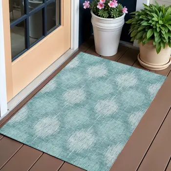 3' X 5' Teal Blue And Mint Green Ikat Washable Indoor Outdoor Area Rug