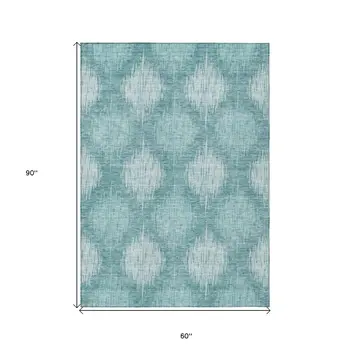 5' X 8' Teal Blue And Mint Green Ikat Washable Indoor Outdoor Area Rug