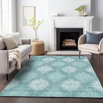 5' X 8' Teal Blue And Mint Green Ikat Washable Indoor Outdoor Area Rug