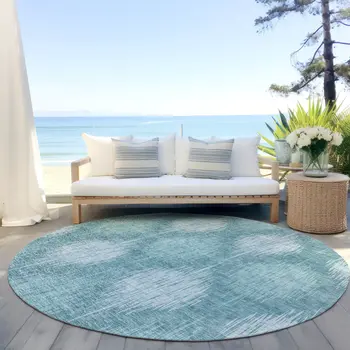 8' Teal Blue And Mint Green Round Ikat Washable Indoor Outdoor Area Rug