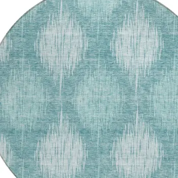 8' Teal Blue And Mint Green Round Ikat Washable Indoor Outdoor Area Rug