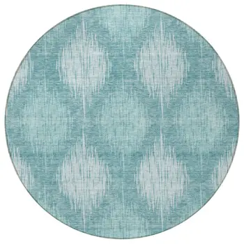 8' Teal Blue And Mint Green Round Ikat Washable Indoor Outdoor Area Rug