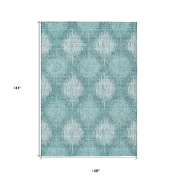 9' X 12' Teal Blue And Mint Green Ikat Washable Indoor Outdoor Area Rug