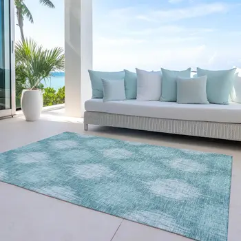 9' X 12' Teal Blue And Mint Green Ikat Washable Indoor Outdoor Area Rug