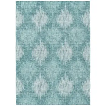 9' X 12' Teal Blue And Mint Green Ikat Washable Indoor Outdoor Area Rug