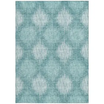 10' X 14' Teal Blue And Mint Green Ikat Washable Indoor Outdoor Area Rug