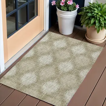 3' X 5' Taupe And Beige Ikat Washable Indoor Outdoor Area Rug