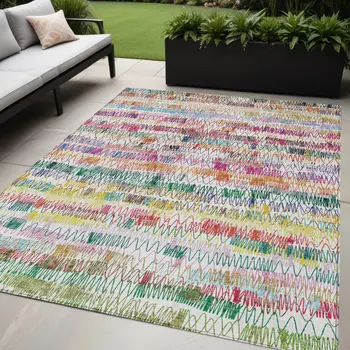 5' X 8' Green Ivory And Purple Striped Washable Indoor Outdoor Area Rug