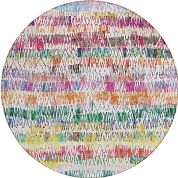 8' Green Ivory And Purple Round Striped Washable Indoor Outdoor Area Rug