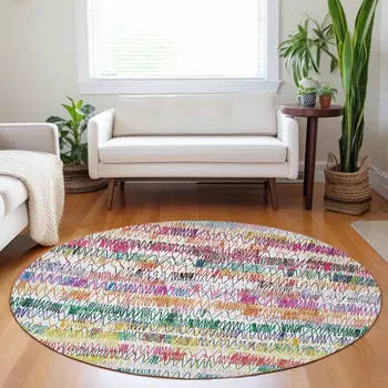 8' Green Ivory And Purple Round Striped Washable Indoor Outdoor Area Rug