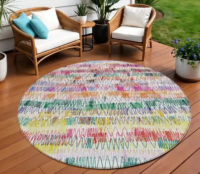 8' Green Ivory And Purple Round Striped Washable Indoor Outdoor Area Rug
