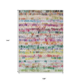 9' X 12' Green Ivory And Purple Striped Washable Indoor Outdoor Area Rug