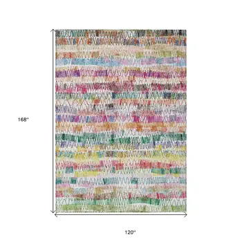 10' X 14' Green Ivory And Purple Striped Washable Indoor Outdoor Area Rug