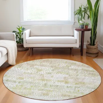 8' Gold Beige And Tan Round Striped Washable Indoor Outdoor Area Rug
