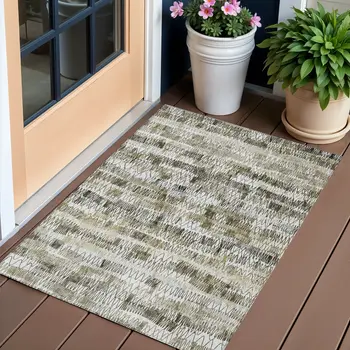 3' X 5' Taupe Beige And Tan Striped Washable Indoor Outdoor Area Rug