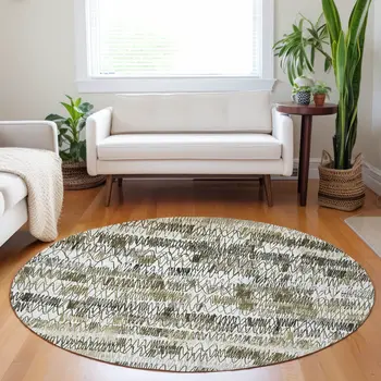 8' Taupe Beige And Tan Round Striped Washable Indoor Outdoor Area Rug