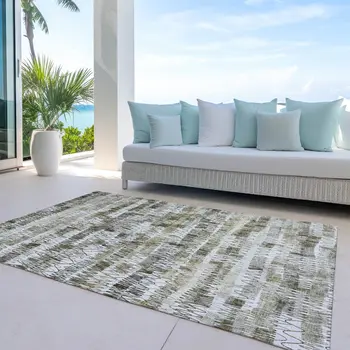 8' X 10' Taupe Beige And Tan Striped Washable Indoor Outdoor Area Rug