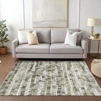 8' X 10' Taupe Beige And Tan Striped Washable Indoor Outdoor Area Rug