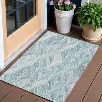 3' X 5' Aqua Mint Green And Silver Geometric Washable Indoor Outdoor Area Rug