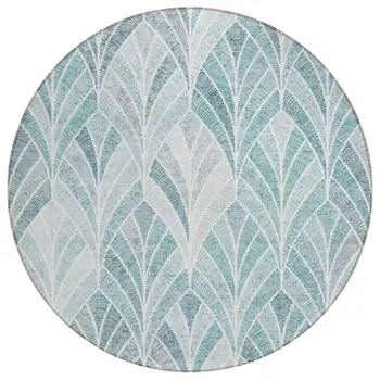8' Aqua Mint Green And Silver Round Geometric Washable Indoor Outdoor Area Rug