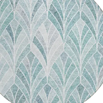 8' Aqua Mint Green And Silver Round Geometric Washable Indoor Outdoor Area Rug