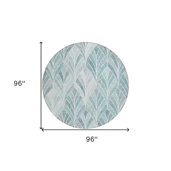 8' Aqua Mint Green And Silver Round Geometric Washable Indoor Outdoor Area Rug