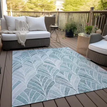 10' X 14' Aqua Mint Green And Silver Geometric Washable Indoor Outdoor Area Rug
