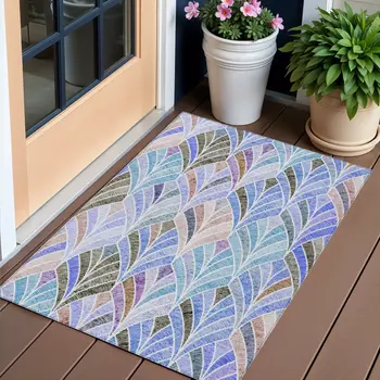3' X 5' Blue Brown And Purple Geometric Washable Indoor Outdoor Area Rug