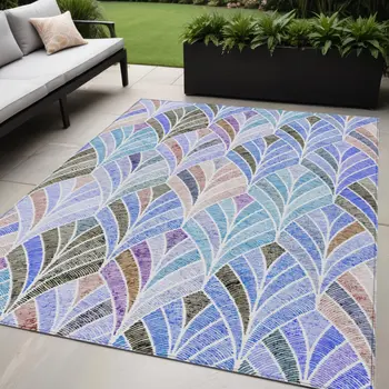 5' X 8' Blue Brown And Purple Geometric Washable Indoor Outdoor Area Rug