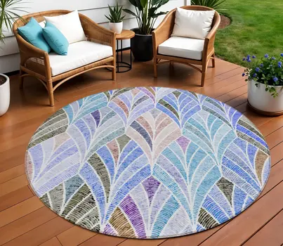 8' Blue Brown And Purple Round Geometric Washable Indoor Outdoor Area Rug