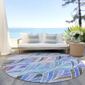 8' Blue Brown And Purple Round Geometric Washable Indoor Outdoor Area Rug