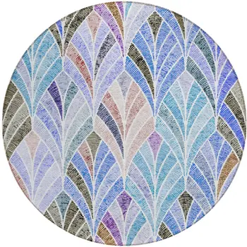 8' Blue Brown And Purple Round Geometric Washable Indoor Outdoor Area Rug