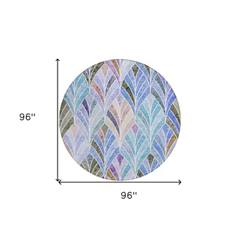 8' Blue Brown And Purple Round Geometric Washable Indoor Outdoor Area Rug