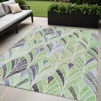 5' X 8' Artichoke Green And Mint Green Geometric Washable Indoor Outdoor Area Rug