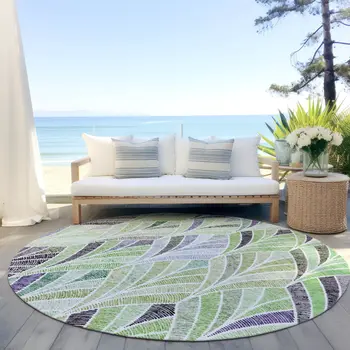 8' Artichoke Green And Mint Green Round Geometric Washable Indoor Outdoor Area Rug