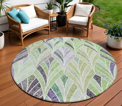 8' Artichoke Green And Mint Green Round Geometric Washable Indoor Outdoor Area Rug
