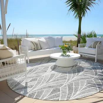 8' Gray Charcoal And Ivory Round Geometric Washable Indoor Outdoor Area Rug